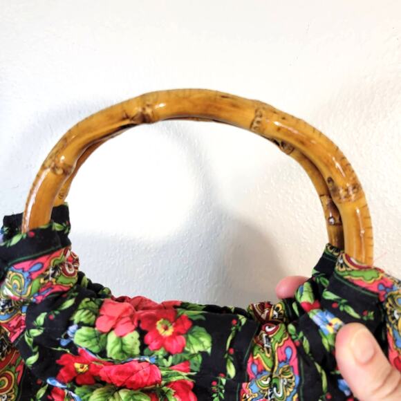 Quilted Purse Women's Floral Pattern Bamboo Circle Handled Grandma Cottagecore - Picture 3 of 9